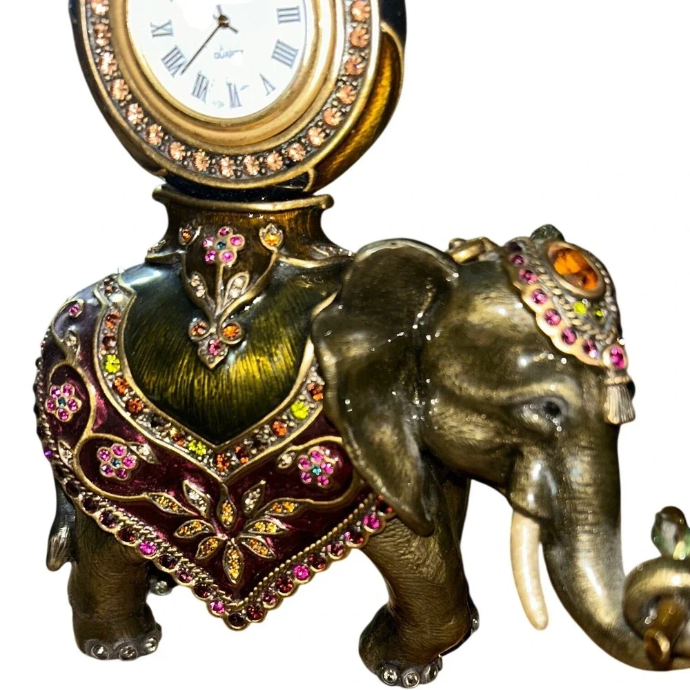 Jay Strongwater Jeweled Elephant Desk Clock Swarovski Crystal Enamel Figurine